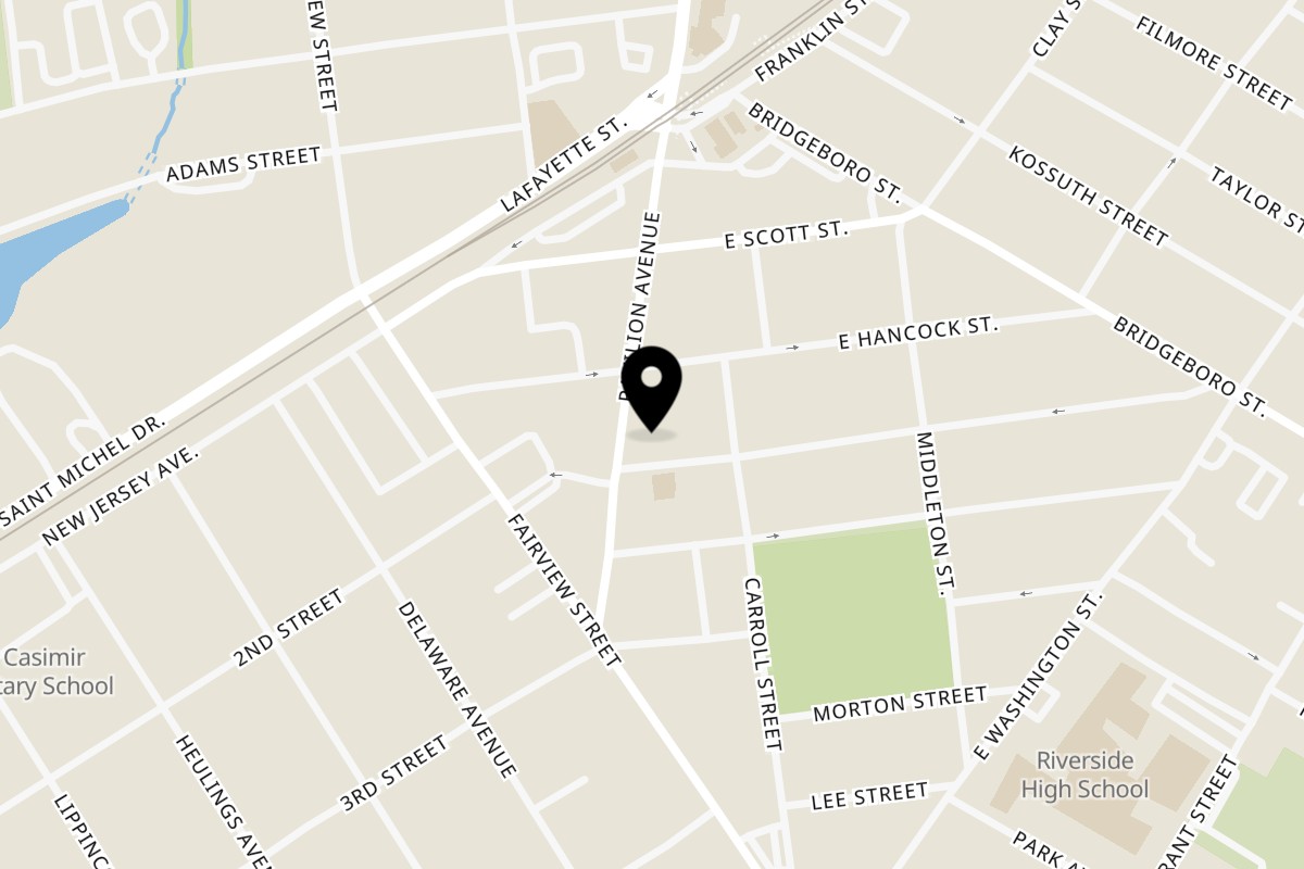 Map showing the location of Emily's Restaurant and Lounge on 213 S Pavilion Ave in Riverside
